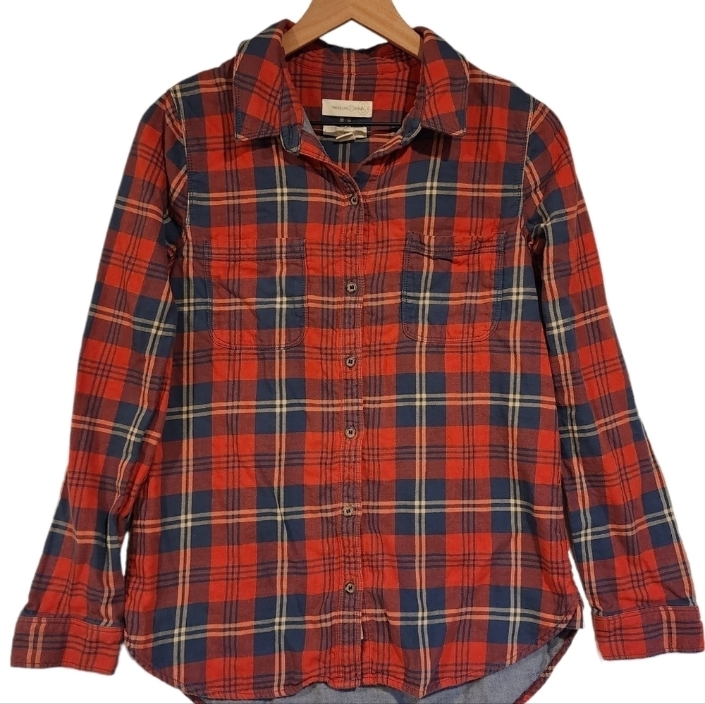 Treasure & Bond Red Blue Plaid Long Sleeve Button Front‎ Shirt Classic Fit Lined